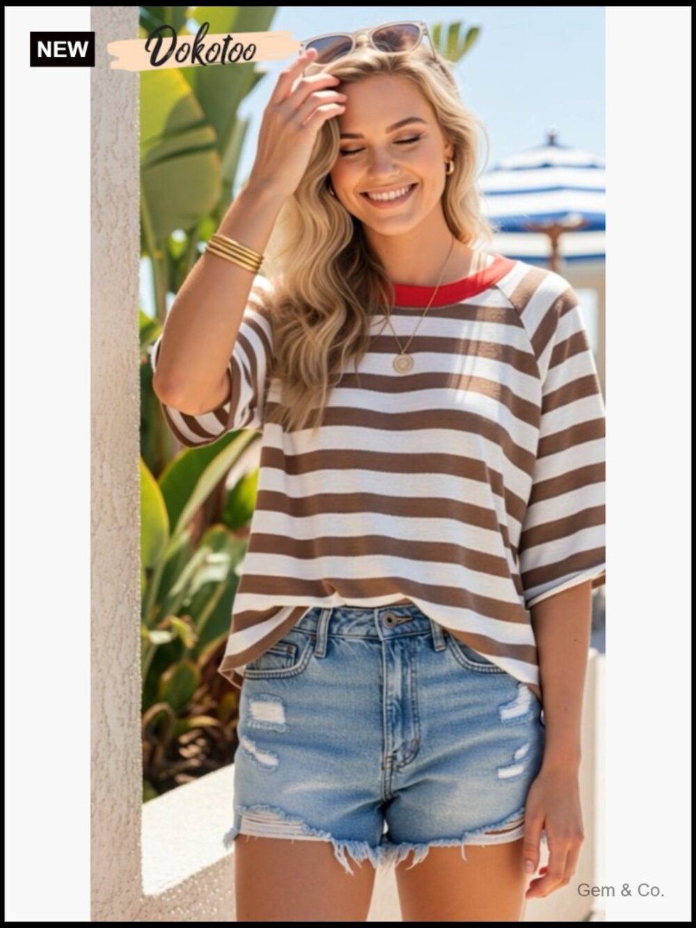 Striped Loose Fit V-Neck T-Shirt Short Sleeve Essential Top - Picture 6 of 6